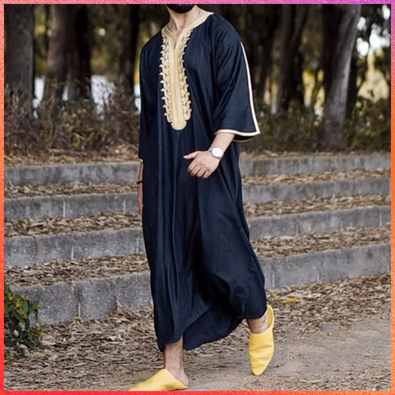 Vestido Abaya preto longo muçulmano masculino, manga média, gola redonda árabe, kaftan maxi islâmico, cor sólida, Dubai, 1pc