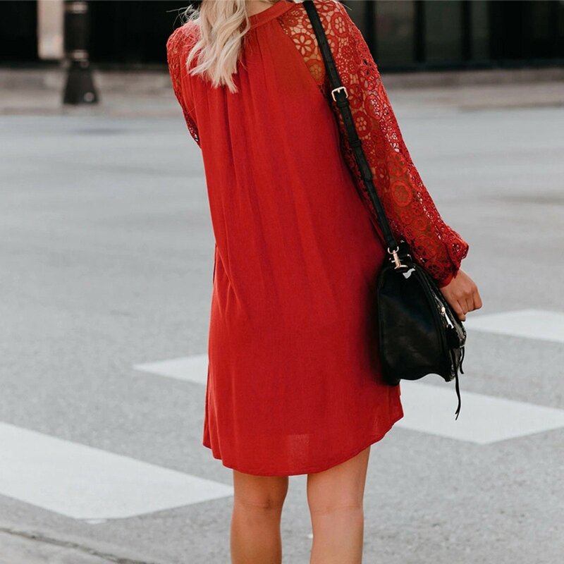 2024 New Spring and Summer Dress Women's Elegant Halter Lace Splicing Print Hollow V-neck Red Loose Casual Mini Dress Robe