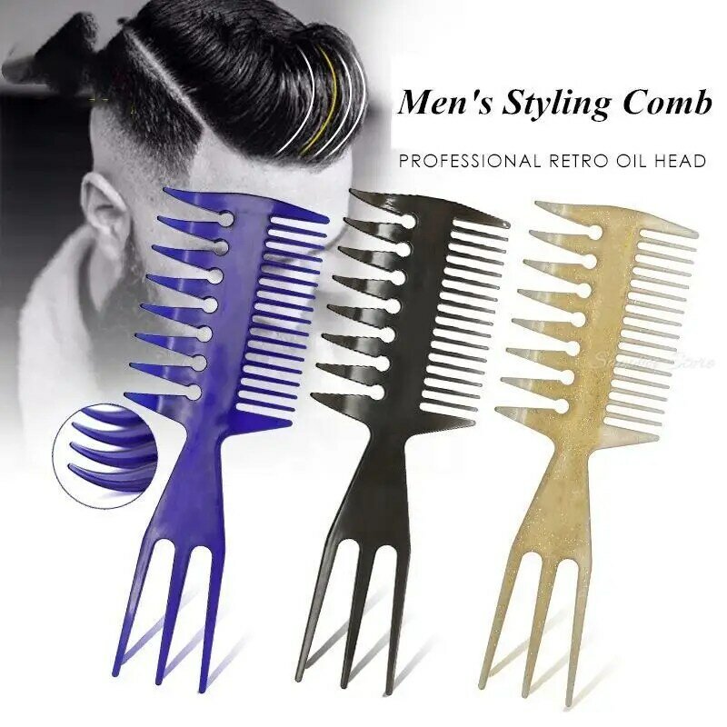 Retro óleo cabeça garfo para trás, dois pente cabeleireiro pente plástico, estilo dos homens plana larga dente barbeiro, G0417, 1pc