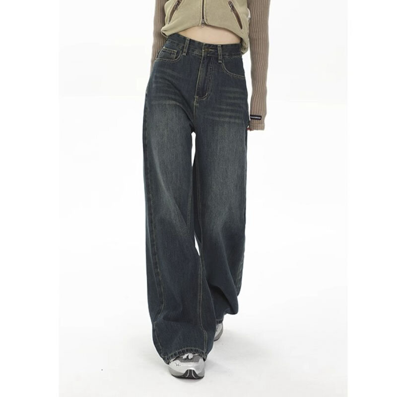 High-waisted Vintage Wide-leg Women's Fashion Jeans Blue Streetwear High Quality Mom Pants y2k Style Baggy Denim Trousers