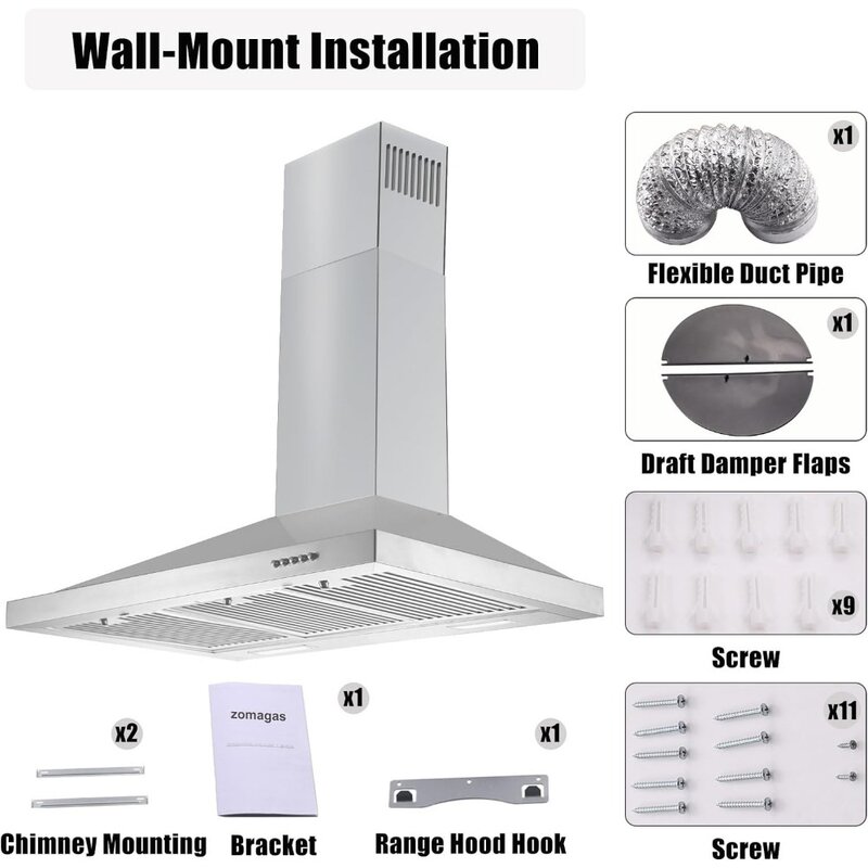 36 inch Range Hood, Wall Mounted Vent Hood in Stainless Steel, Ducted/Ductless Kitchen Hood w/Push Button Control
