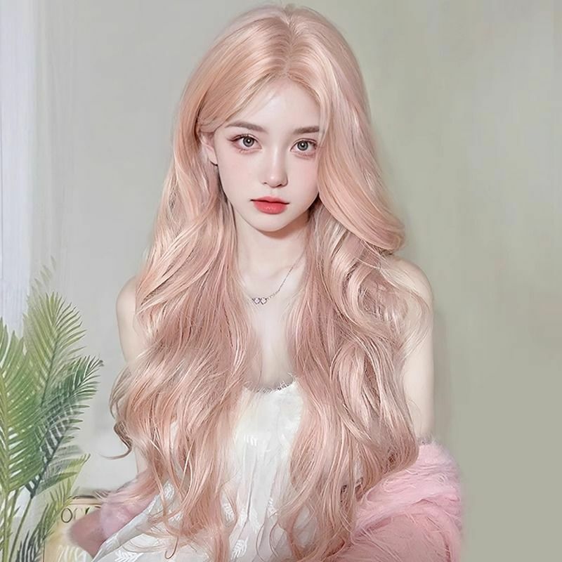 Perruque rose longue vague dense pour femme, perruque Cospaly Lolita, perruques synthétiques naturelles avec frange, faux cheveux, haute température