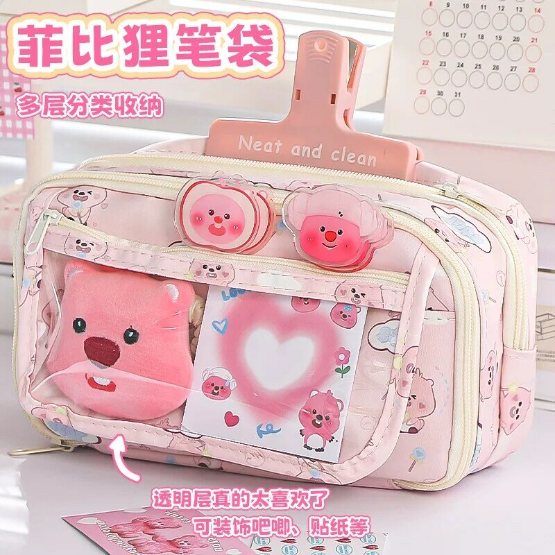 Loppy-Grande Capacidade Transparente Pen Bag, Saco de papelaria bonito Anime, Caixa de armazenamento de suprimentos estudantis, Saco impresso rosa