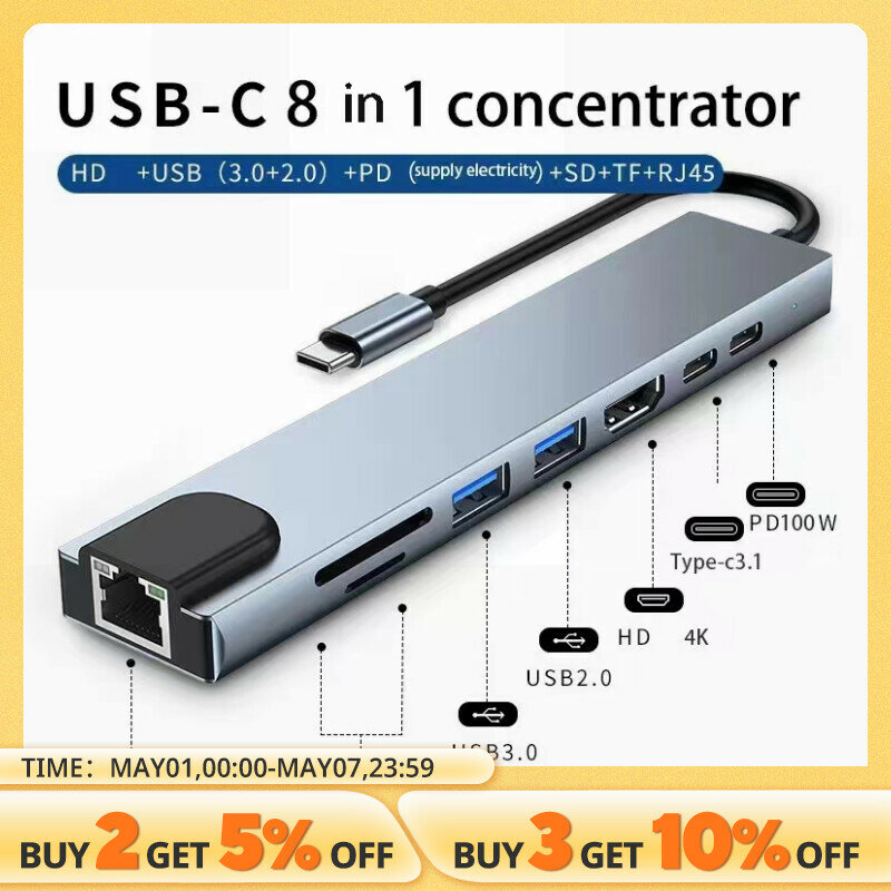 USB 타입 C 허브 어댑터, SD Tf Rj45 카드 리더기, 맥북 노트북 컴퓨터용 Pd 고속 충전, 8 in 1, 3 1 ~ 4k HDTV