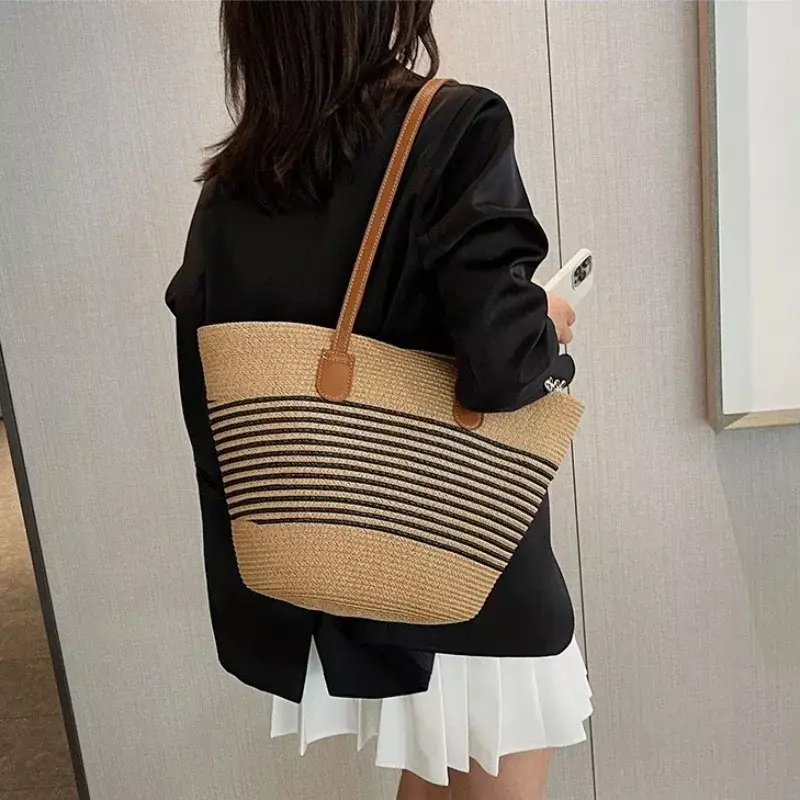 Straw Women's Tote Bags 2024 New High Quality Youth Sewing Thread Zipper Large Capacity Beach Party Shoulder Bags Free Shipping