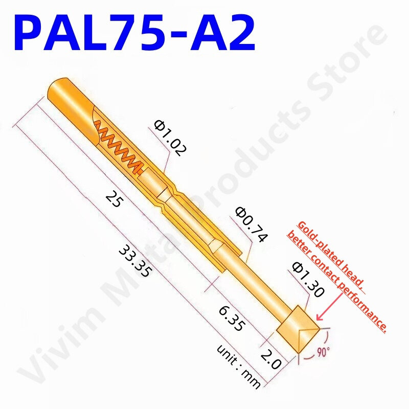 100 buah alat uji pegas PAL75-A2, alat uji Pin PAL75-A 33.35mm Dia 1.02mm ujung jarum emas 1.30mm Pogo Pin PL75-A PL75-A2