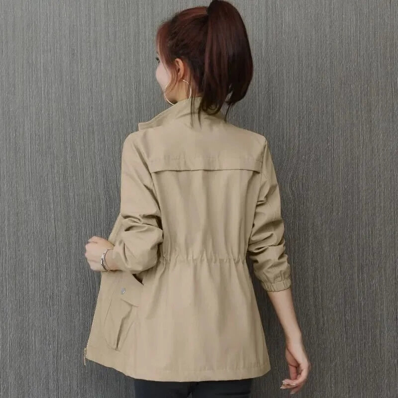 2024 New Korean Women Trench Coats Casual Lapel Drawstring Windbreake Spring Loose Gabardina Khaki Mid-length Jacket Abrigos