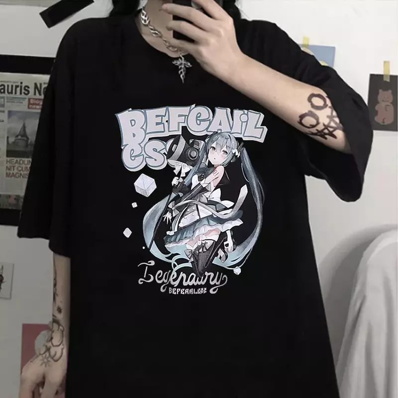 Camiseta gráfica com estampa bidimensional feminina, gola em O solta, tops de manga curta, unissex, harajuku, casual, desenho animado japonês