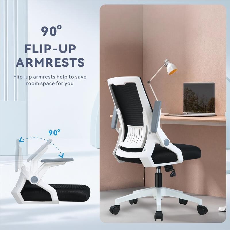 COMHOMA Computer Desk chair, Ergonomic Office chair with Flip-up Armrests Foldable Mesh Task chair with Wheels Adaptive Lum