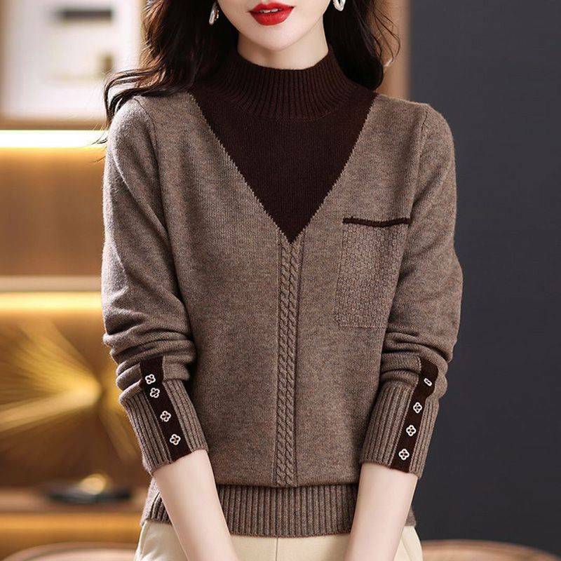Kobiety Vintage łączenie kasetony swetry odzież Streetwear na jesień i zimę moda Mock Neck z długim rękawem Casual Slim, dziany swetry