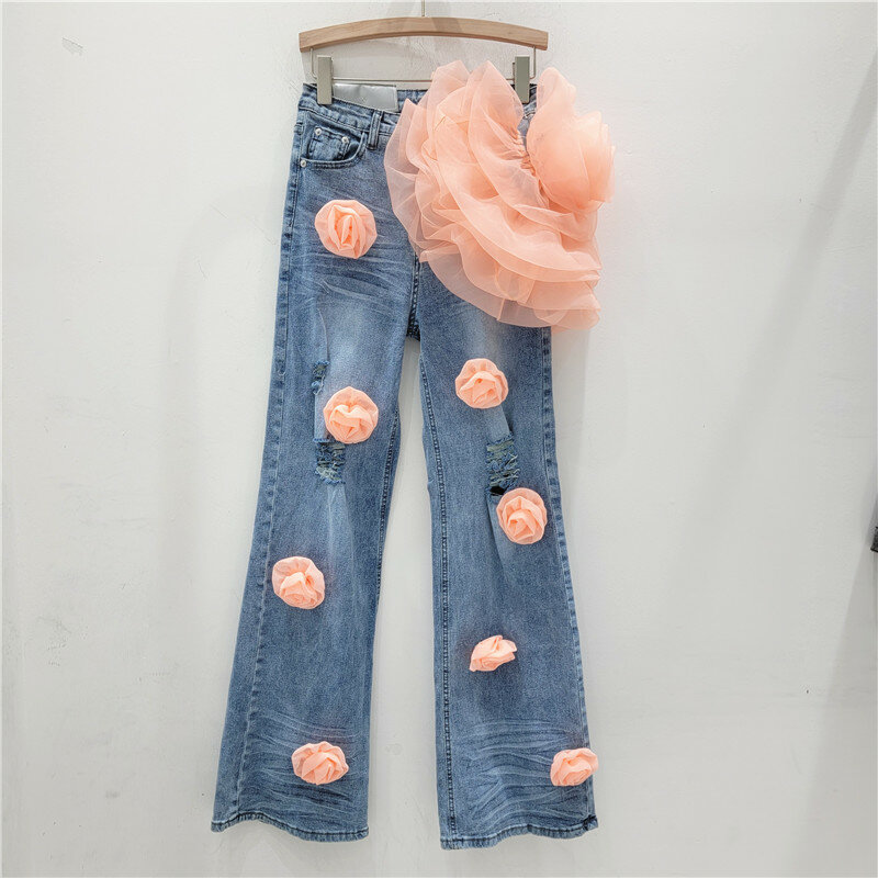 Celana Jeans pinggang tinggi dekorasi bunga 3D mode barang Eropa baru musim semi celana Jeans kaki lebar lurus pinggang tinggi untuk wanita 2024