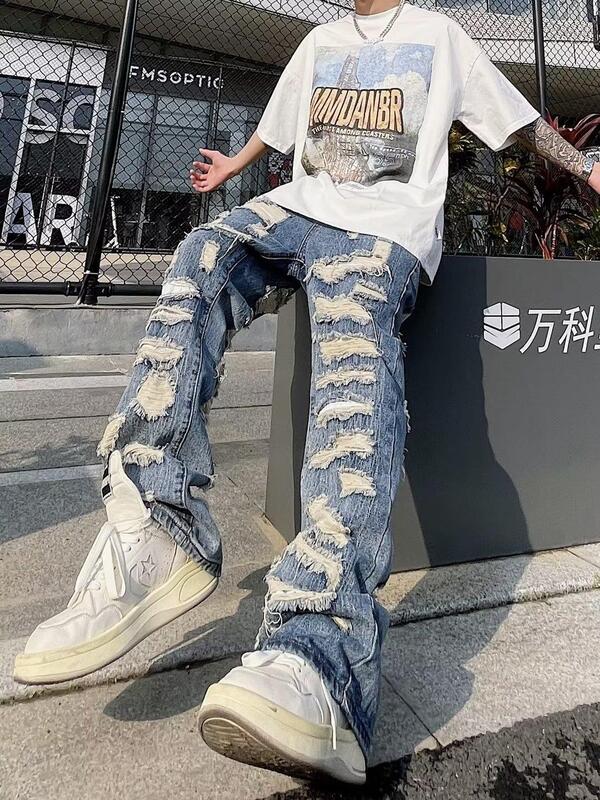 Amerikaanse Retro Zware Industrie Vernietigde Erosie Patch Design Jeans Voor Mannen En Vrouwen High Street Distressed Cleanfit Broek