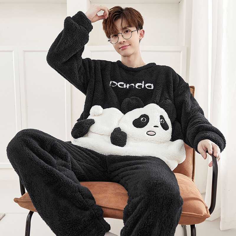 Мужской пижамный комплект, одежда для сна для взрослых, зимняя женская домашняя одежда, мультяшная панда, Корейская свободная мягкая теплая Пижама, домашняя одежда для отдыха