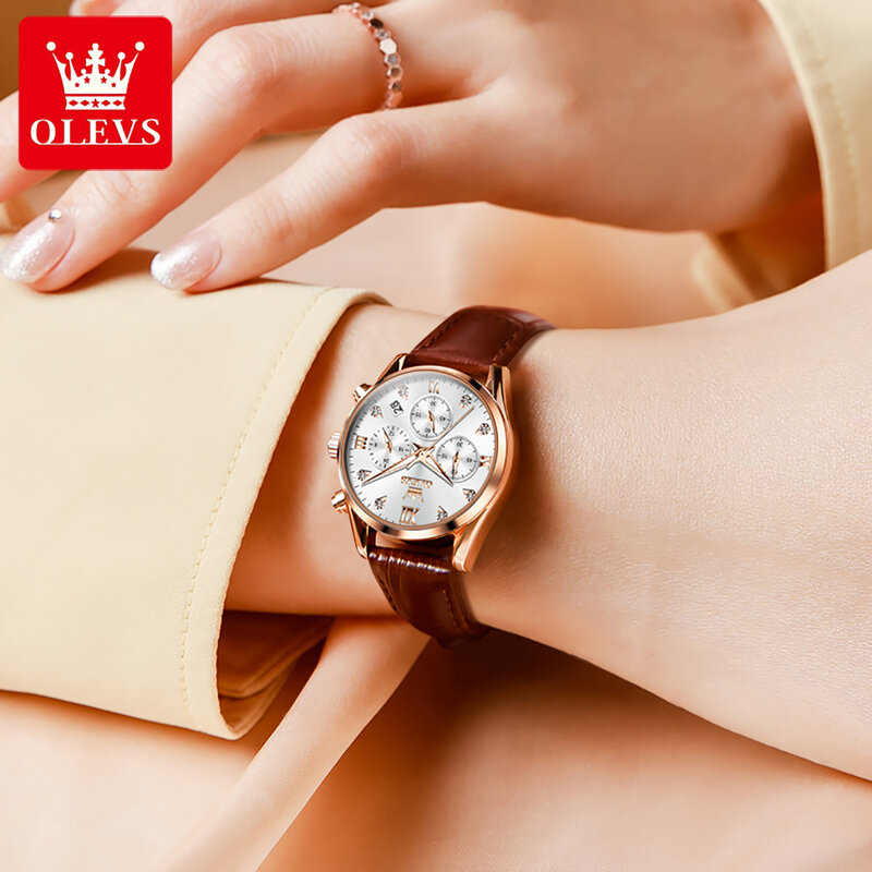 OLEVS jam tangan wanita, jam tangan wanita mewah merek terkenal, jam tangan baja anti karat, kronograf, jam Quartz, anti air, + kotak