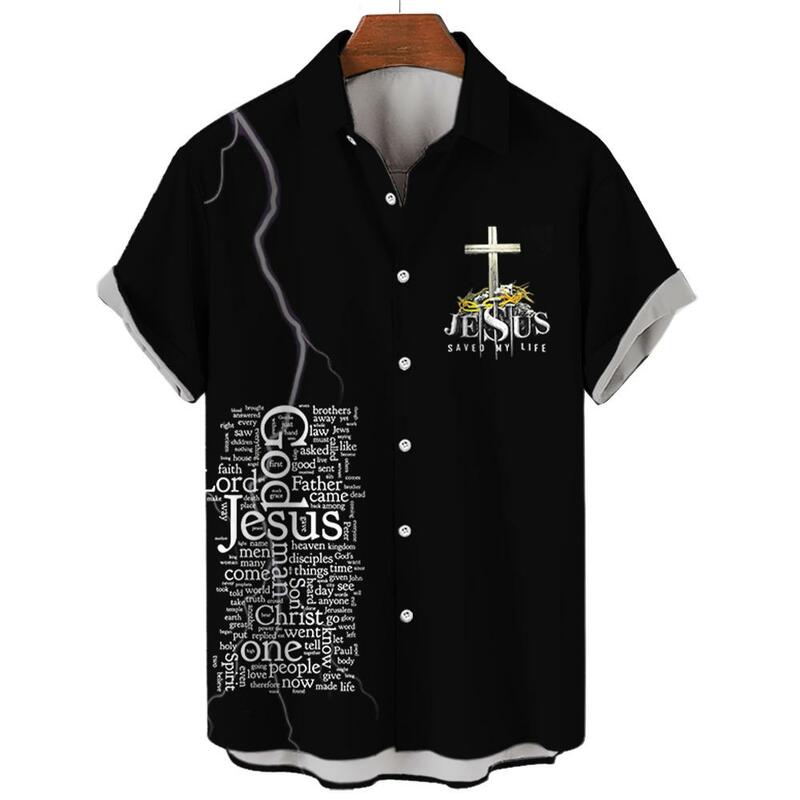 남성용 예수 십자가 프린트 하와이안 셔츠, 오버사이즈 하이 퀄리티, 남성 의류, 2024 트렌드 탑, 3D 패션