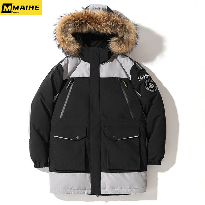 2023 New Down Jacket Men's Mid Length Korean Version Hooded Jacket Casual Fashion Parka Coat Men's Clothing Winter