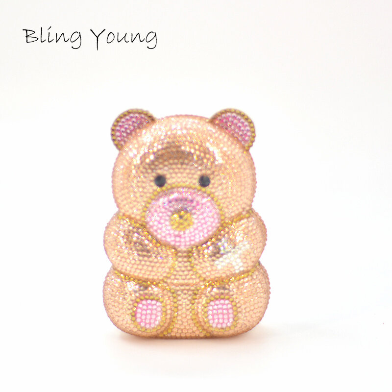 Tas Tangan dan Dompet Malam Kristal Wanita Bentuk Teddy Beruang 3D Tas Pesta Pernikahan Berlian