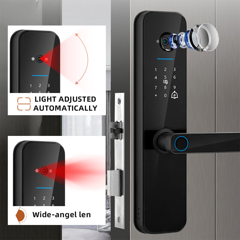 XSDTS-fechadura de porta eletrônica digital com câmera biométrica, Tuya, Wi-Fi, impressão digital, cartão inteligente, senha, desbloqueio com chave