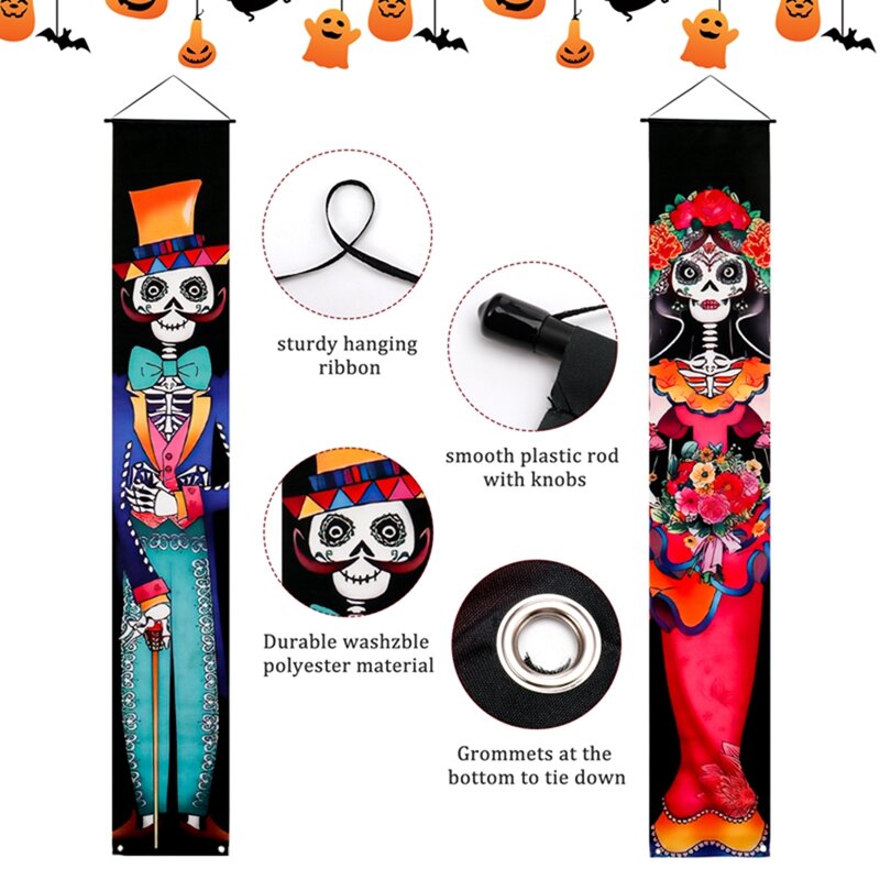 Mexican Day of the Dead  Porch Sign Door Banner Outdoors Hanging Flag Halloween Party Scary Ghost Decorative Props Home Decor