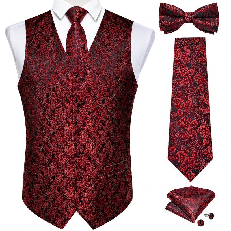 Causal Men Black Red V-neck Vest for Business Sleeveless Paisley Wedding Man's Waistcoat Silk Tie Bowtie Pocket Square Cufflink