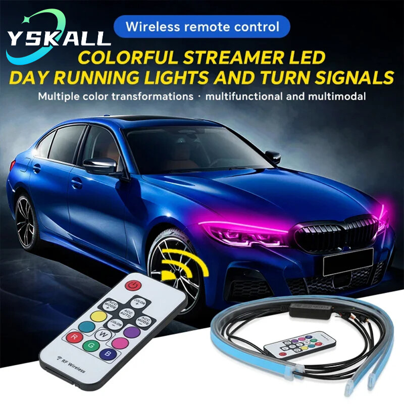 Tira de luces LED de circulación diurna para coche, Lámpara decorativa de 2 piezas, RGB, DRL, Control remoto, señal de giro fluida colorida, resistente al agua