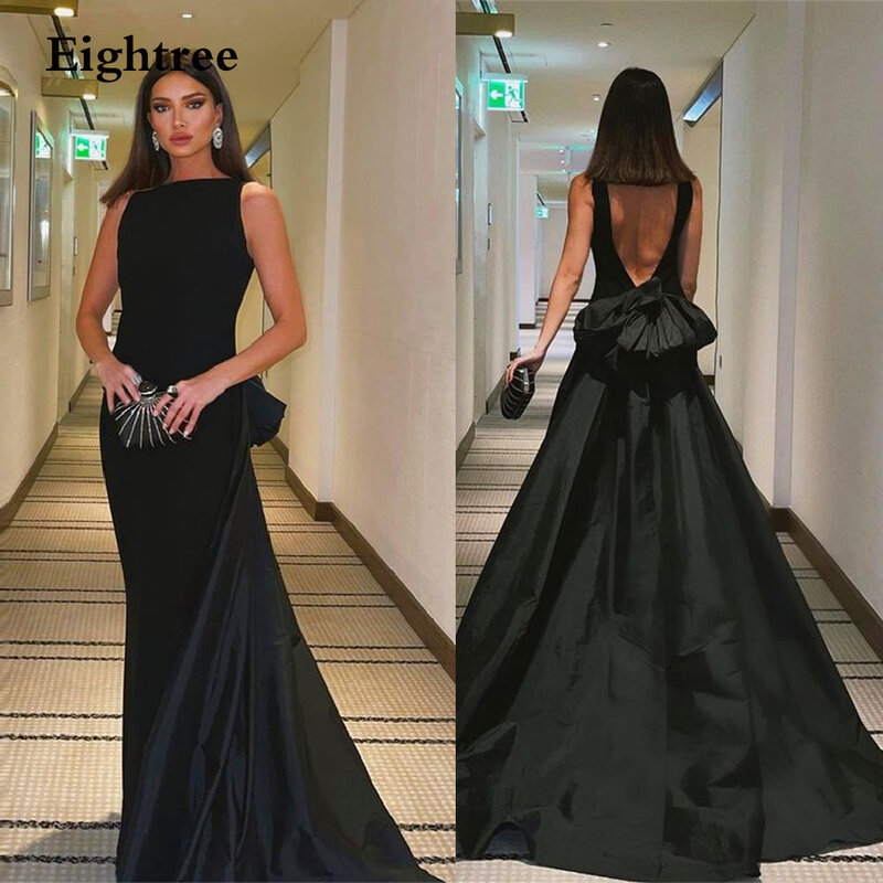 Eightree-Preto Backless Bow Prom Dress, O Neck, A Line, Sem Mangas, Trem Longo, Evening Night Party Dresses, Dubai