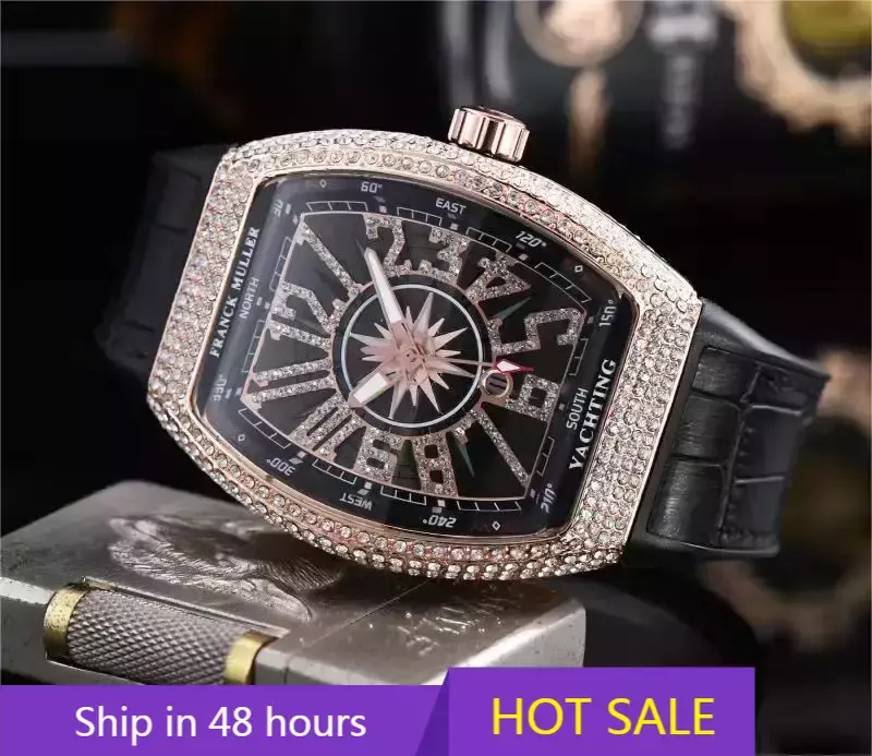 Relógio de pulso quartzo diamante de couro tonneau masculino, relógios de luxo, relógio masculino casual, design mais recente moda, 2024