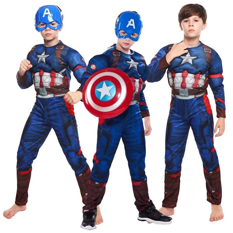 Capitão américa cosplay traje escudo super-herói steve rogers muscular bodysuit macacão para crianças halloween cosplay festa de carnaval