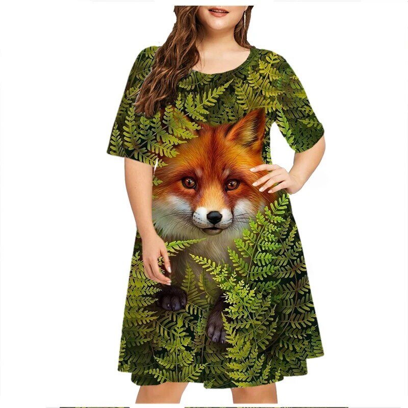 Mini vestido solto de manga curta feminino, vestidos com pintura de animais, roupa raposa, vintage, estampa 3D, plus size, casual, verão, 2023