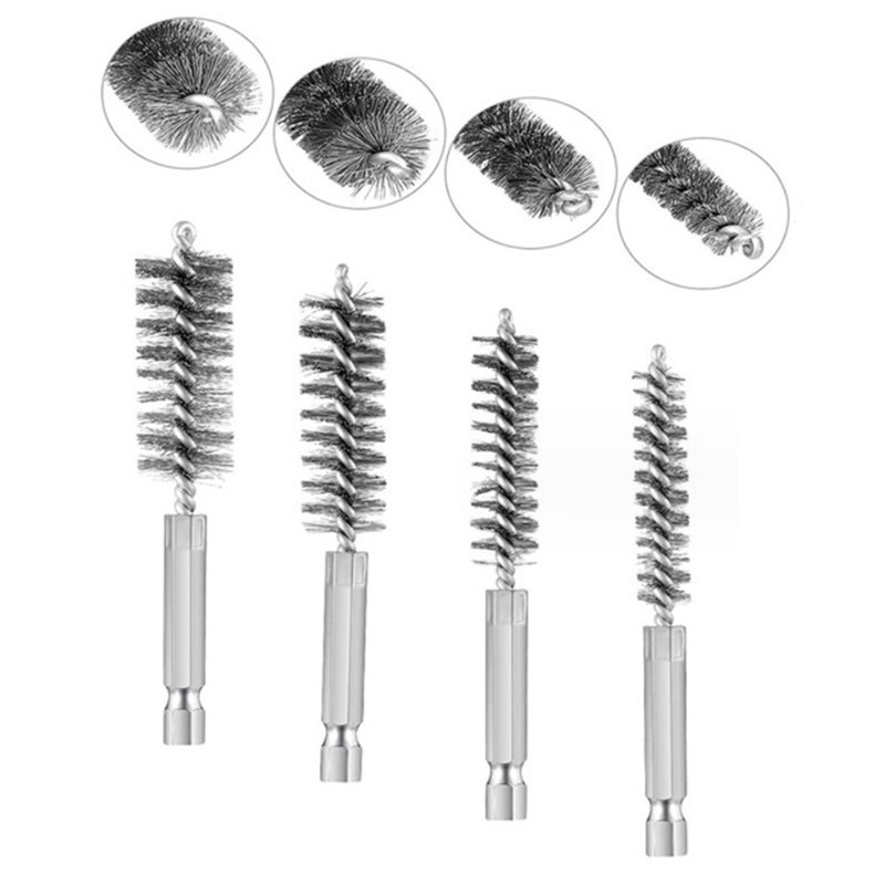 4pcs 8-19mm Wire Tube Machinery Cleaning Brush Paint Remover Stainless Steel Brush Metal Handle Chimney Washing Polishing Tools
