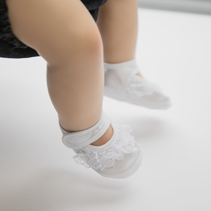 Sapato de princesa antiderrapante suave para bebê menina, sapato de vestido de renda branca, borracha de poliuretano, primeiro caminhante, 0-18 meses, novo