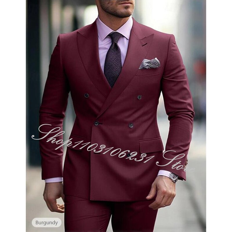Burgundy Business Men's Suit Slim Fit Double Breasted Jacket Pants 2-piece Formal Office Blazer Groom Tuxedos Trajes De Hombre