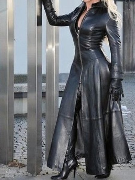 Trench coat longo de couro PU feminino com gola e zíper, manga longa, fino, monocromático, casual, sexy, moda, roupas