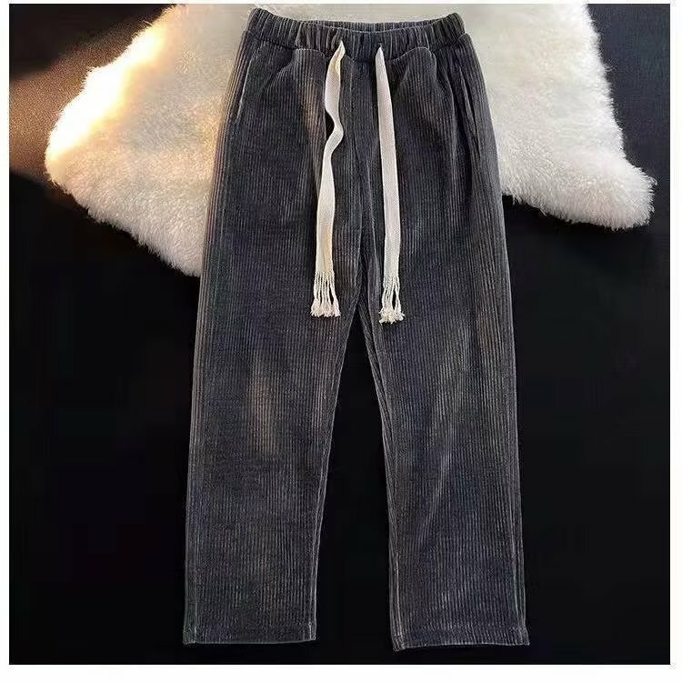 2024 New Design Fashion Streetwear Loose Straight Pants Drawstring  Corduroy Pants Mens  High Quality Casual Pants Streetwear