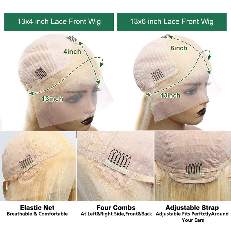 Perruque Lace Front Wig naturelle lisse blond 613, 13x6 HD, 13x4, 180% de densité, pour femmes