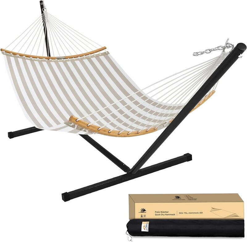 Patio Watcher 12 FT Double Quick Dry Hammock with Curved Bamboo Spreader Bar, Outdoor Patio Two Person Hammock