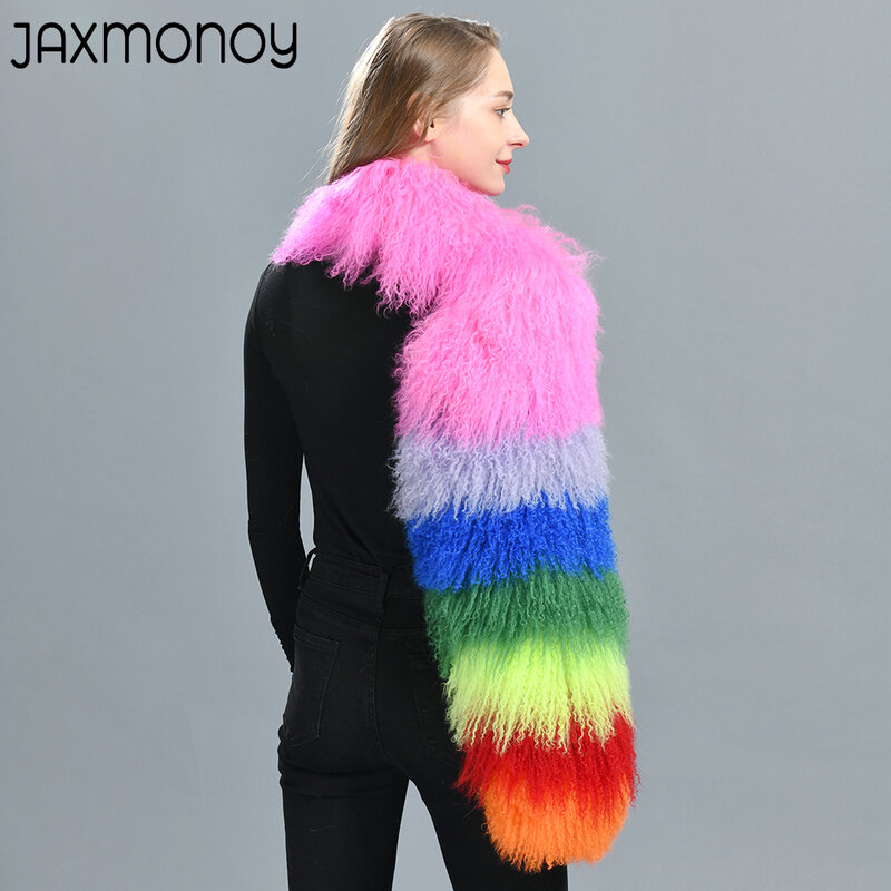 Jaxmonmoney-女性のための本物のパンプス,羊の毛皮のコート,豪華な,長い天然の羊の髪,個々の袖