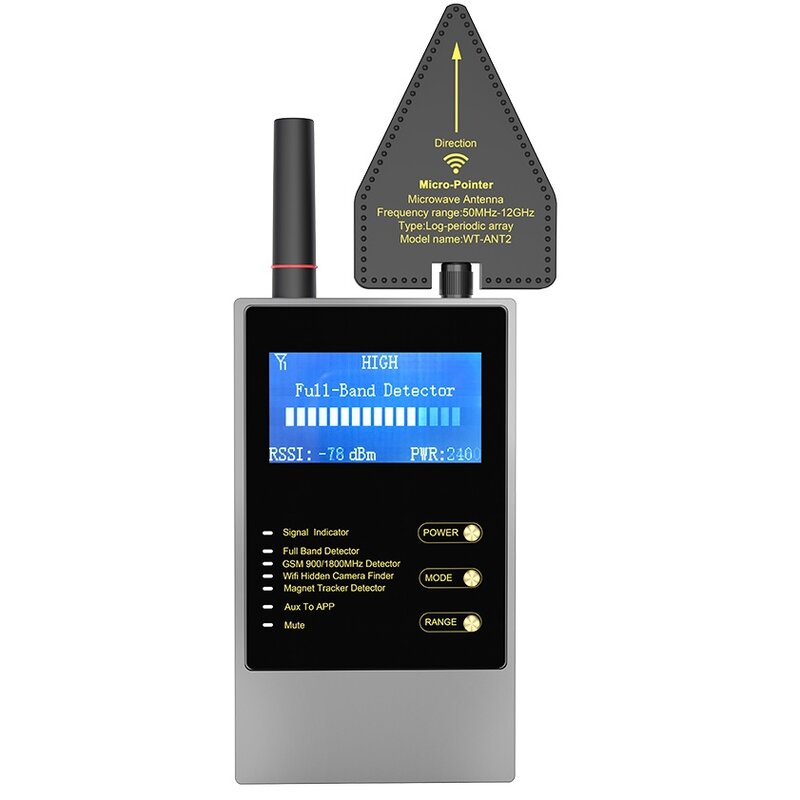 เครื่องตรวจจับ RF WT10คือเครื่องส่งสัญญาณ GPS ป้องกันการสอดแนมตรวจจับสัญญาณจาก WiFi, GSM, เครื่องติดตาม GPS และอุปกรณ์สอดแนมดักฟังโทรศัพท์