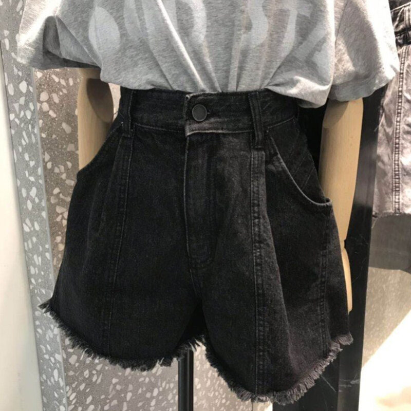 Черные джинсовые шорты для женщин, Новинка лета 2024, свободные широкие брюки с завышенной талией и необработанными краями, универсальные облегающие Женские шорты большого размера
