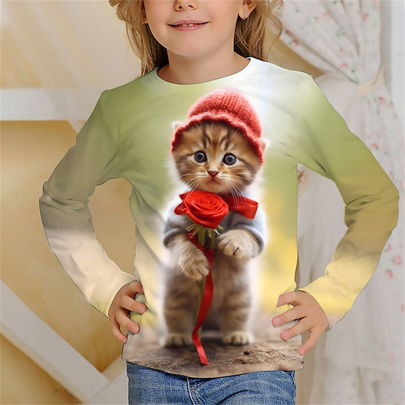 T-shirt de manga curta para meninas e menino, roupas de impressão gato bonito, design dos desenhos animados, unicórnio, para o verão, moda