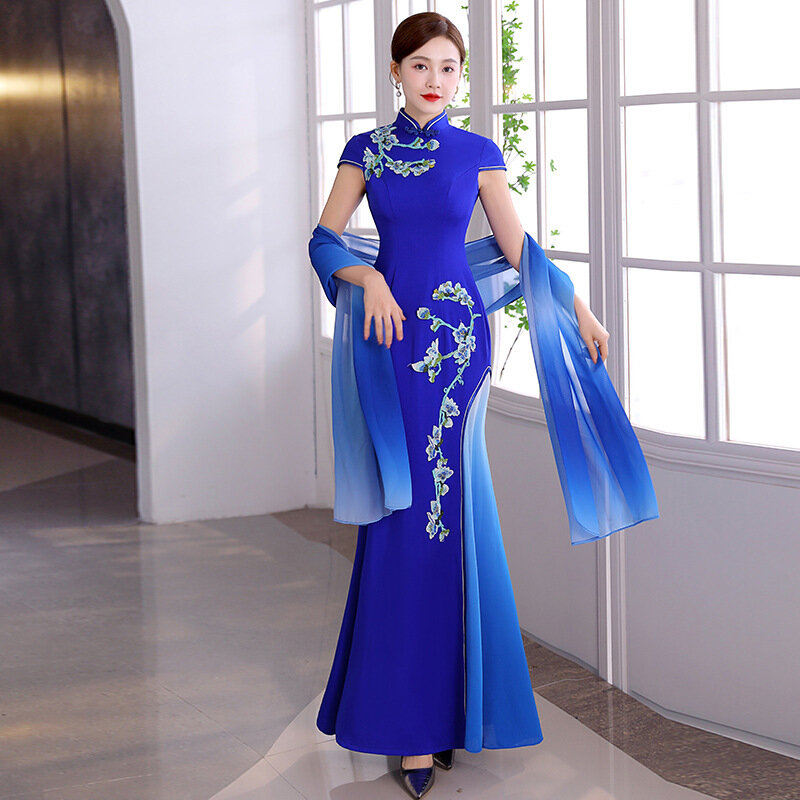 Gaun Cina Satin Seksi Biru Gaun Wanita Ukuran Besar Ramping Qipao Payet Panjang Pesta Malam Putri Duyung Cheongsam Vestidos Elegan
