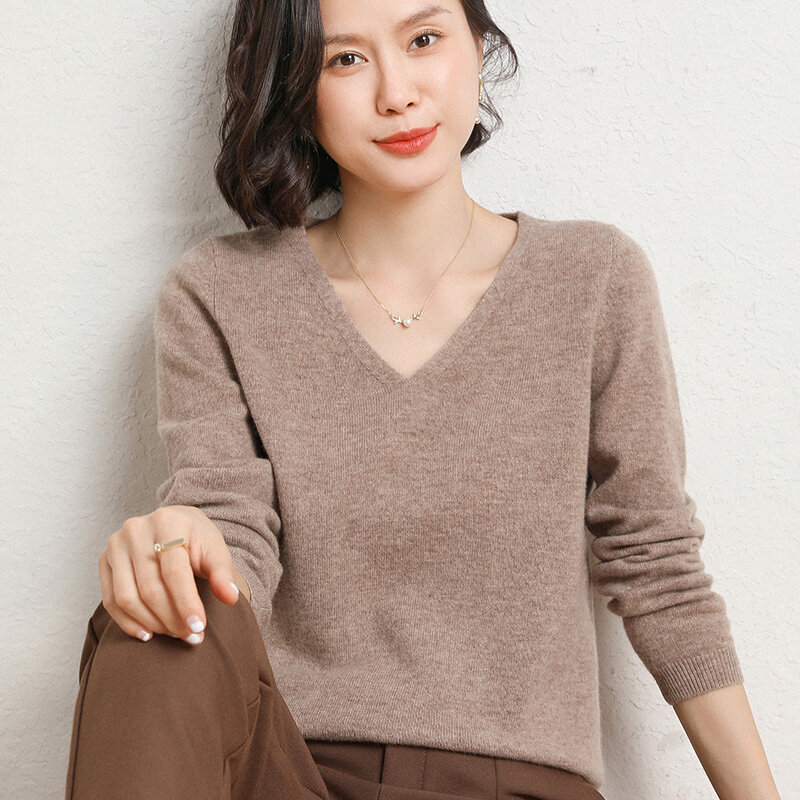 Primavera e Outono Camisola de caxemira das Mulheres Novas Decote Em V versátil Pullover camisola de caxemira moda Coreano manga comprida simples casu