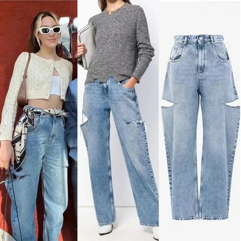Spring distressed retro high waisted jeans for women's 2024 new straight leg Korean version loose and slim versatile pants