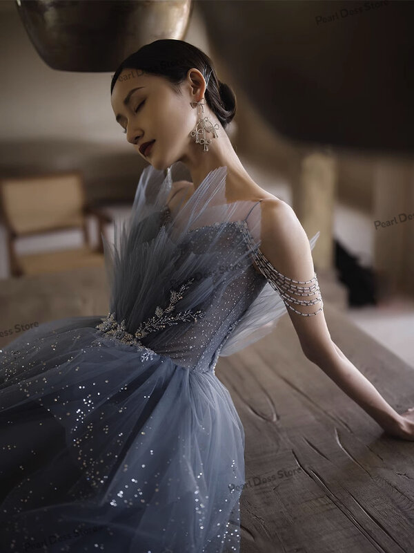 2024 синее Тюлевое вечернее платье, длинное роскошное платье, сказочное бальное платье, подходит для особых случаев, многослойное блестящее платье принцессы