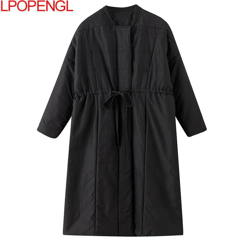 Женское однотонное пальто с длинным рукавом, плотная однобортная куртка средней длины с завязками, уличная одежда