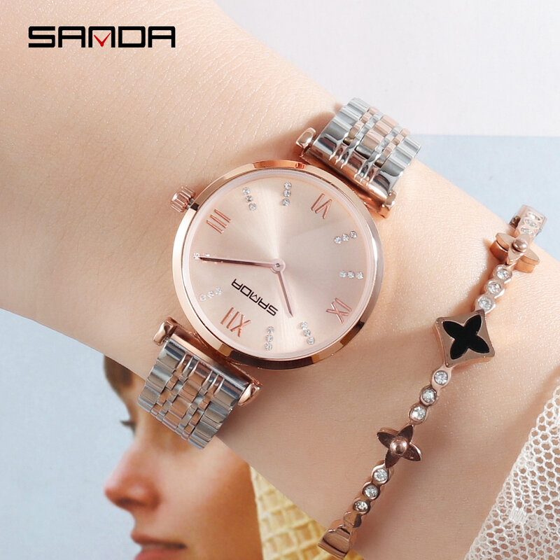 SANDA P235 Classical Elegant Fashion Quartz Women Wristwatch Waterproof Round Dial Stainless Steel Strap Alloy Case Woman Watch