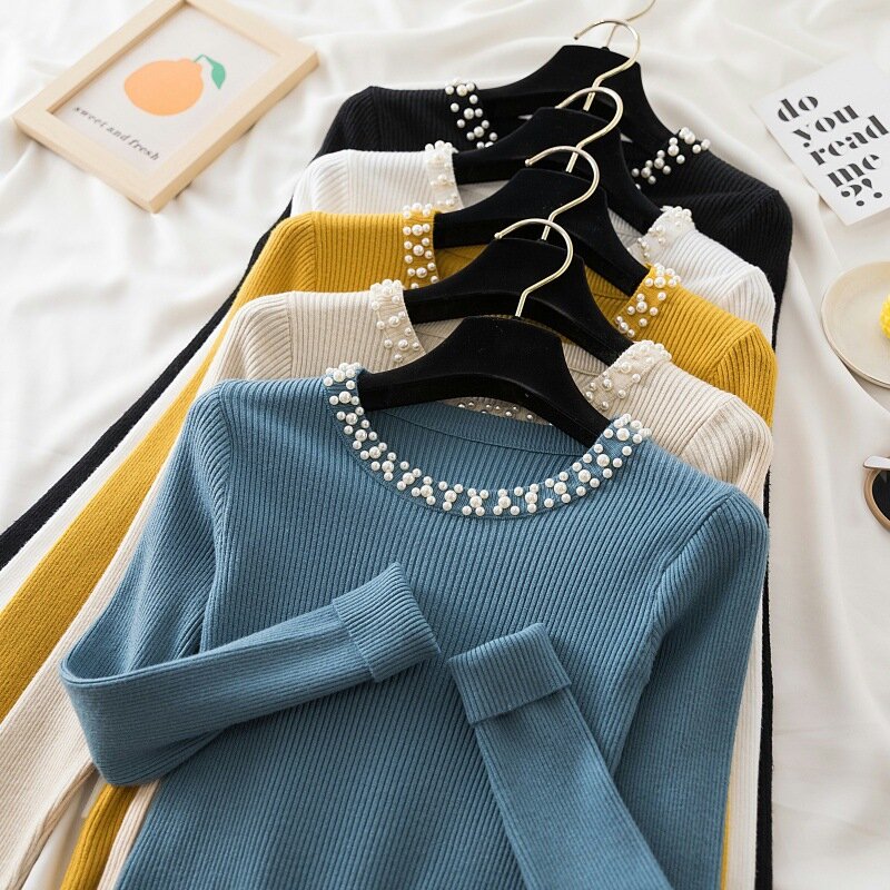 여성용 라운드넥 풀오버 스웨터, 한국판 슬리밍 니트, 2024 가을 겨울 셔츠, 슬림핏 상의, 여성 트렌드 점퍼