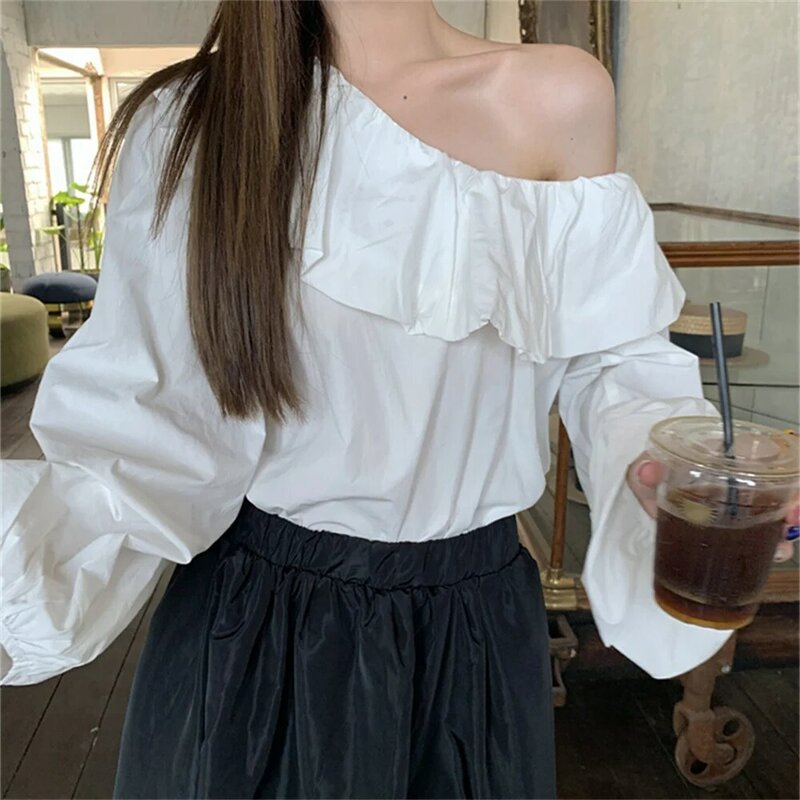 Женская блузка с длинным рукавом, с оборками, свободного покроя