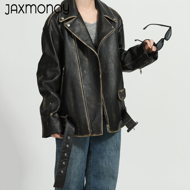 Jaxmonoy-Chaqueta de cuero auténtico para mujer, abrigo holgado Vintage de primavera y otoño, novedad de 2024