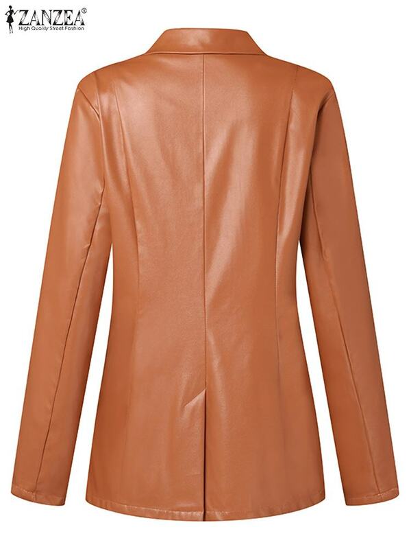 ZANZEA-chaqueta de cuero PU con doble botonadura para mujer, Blazer informal con cuello de traje Vintage para oficina y otoño, novedad de 2023